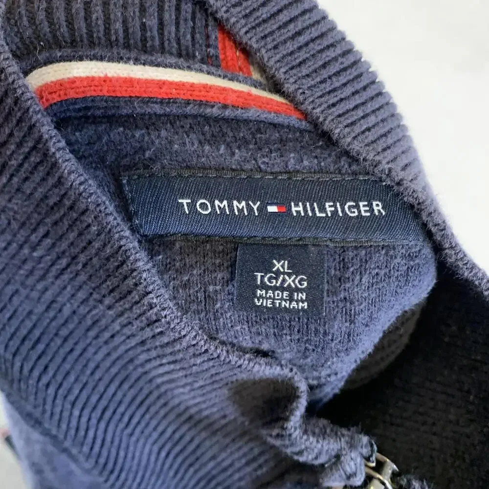 Tommy Hilfiger Sweater Mens XL Navy Blue 1/4 Zip‎ Pullover 100% Cotton Rib Knit